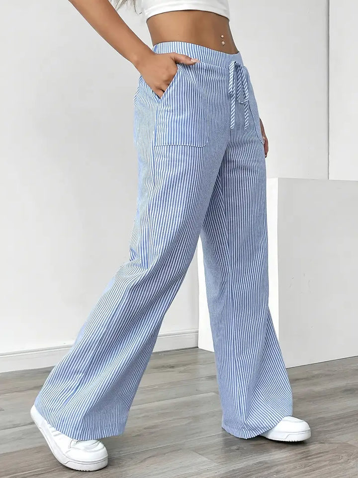 Relaxed wide-leg pinstripe pants, elastic waist with drawstring, light blue/white