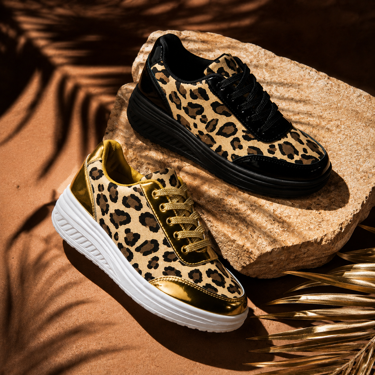 Leopard print platform sneakers on stone: black lace pair and gold lace pair