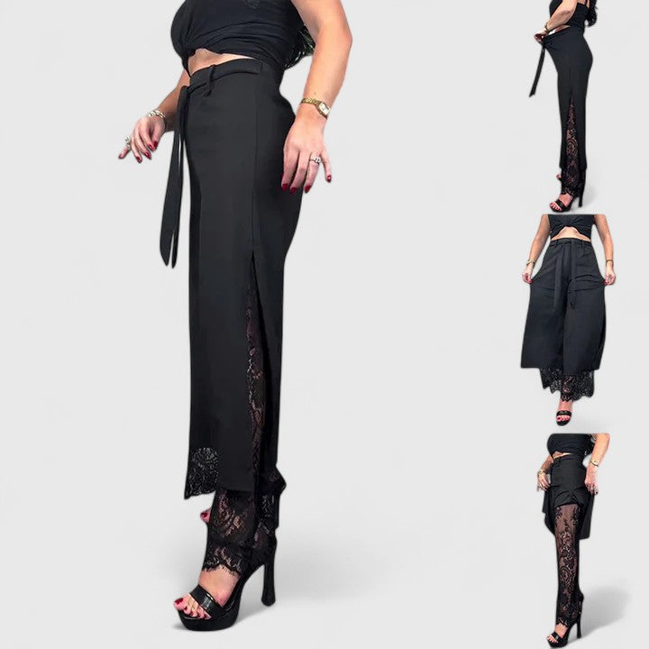 Black sleeveless top and lace-panel long skirt with side slit