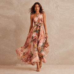 Pink floral one-shoulder maxi dress with ruched waist and airy chiffon overlay