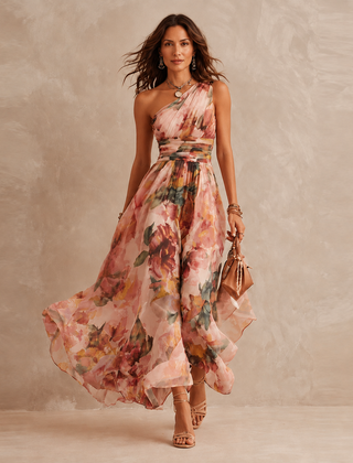 Pink floral one-shoulder maxi dress with ruched waist and airy chiffon overlay