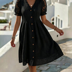 Black balloon-sleeve midi dress with lace trim and button-front placket