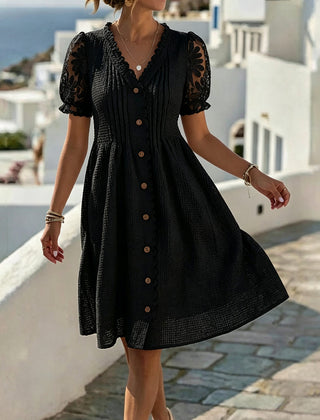 Black balloon-sleeve midi dress with lace trim and button-front placket