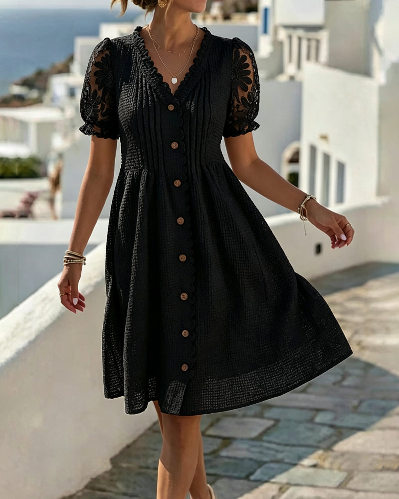 Black balloon-sleeve midi dress with lace trim and button-front placket