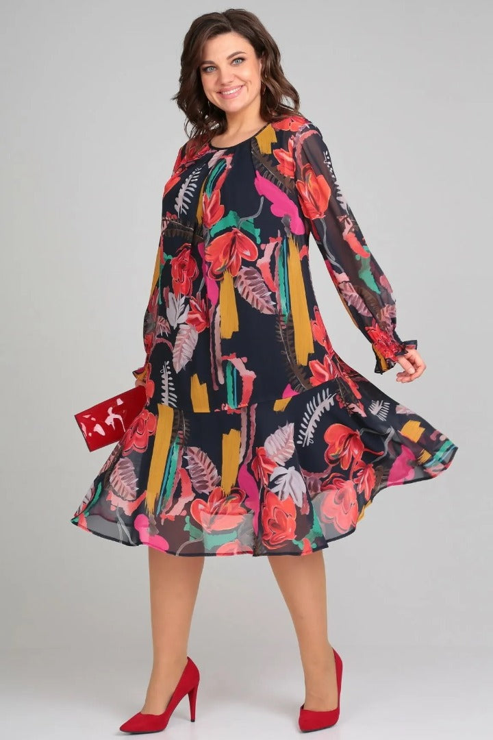 Florinda™ floral dress, dark navy floral print; long sleeves and flared A-line skirt