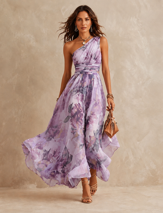 Lavender floral one-shoulder maxi dress with ruched waist and flowing chiffon skirt