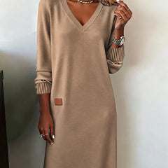 Cozy knit dress, beige, V-neck long sleeves with ribbed cuffs