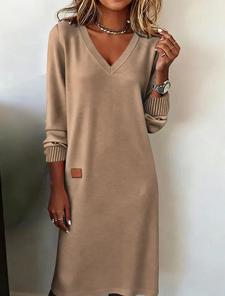 Cozy knit dress, beige, V-neck long sleeves with ribbed cuffs