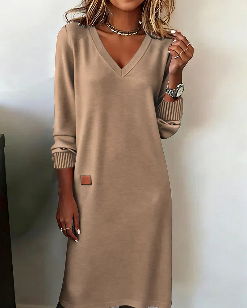Cozy knit dress, beige, V-neck long sleeves with ribbed cuffs