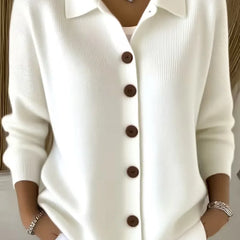 White button-front knit cardigan with point collar and dark buttons, long sleeves