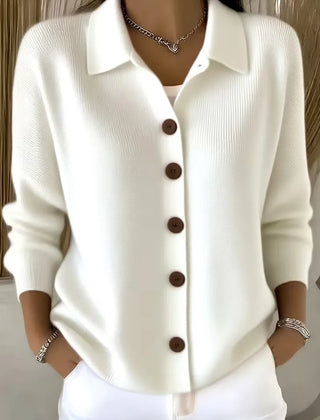 White button-front knit cardigan with point collar and dark buttons, long sleeves