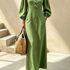 Green v-neck maxi dress with button front and lantern sleeves