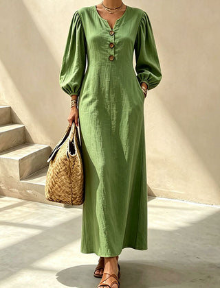 Green v-neck maxi dress with button front and lantern sleeves