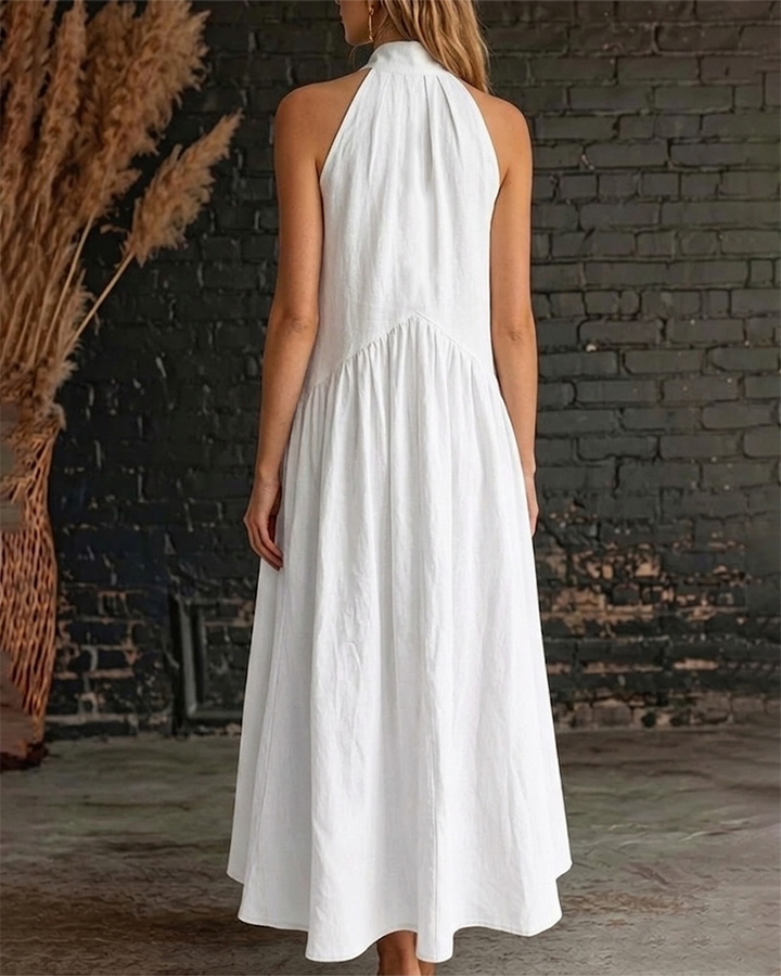 Sofie™ maxi dress in white: halter back, gathered skirt, sleeveless maxi length