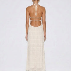 Ivory halter tiered midi dress, open back with thin tie straps