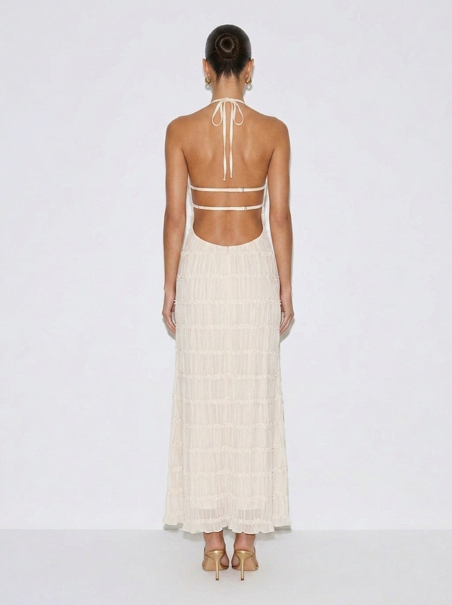 Ivory halter tiered midi dress, open back with thin tie straps