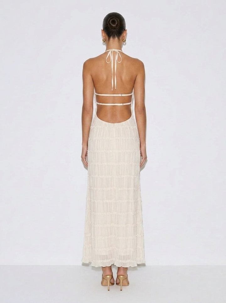 Ivory halter tiered midi dress, open back with thin tie straps