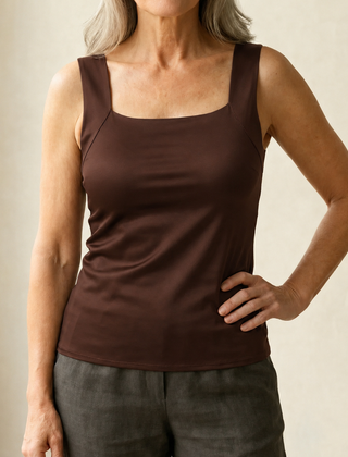 Roxy built-in comfort bra tank top in dark brown, square neck, thin straps