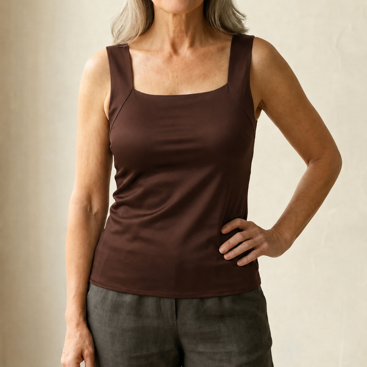 Roxy built-in comfort bra tank top in dark brown, square neck, thin straps