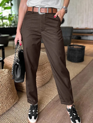 Sleek tailored pants in dark brown pinstripe, tailored straight leg, belt loops, cuffed hem