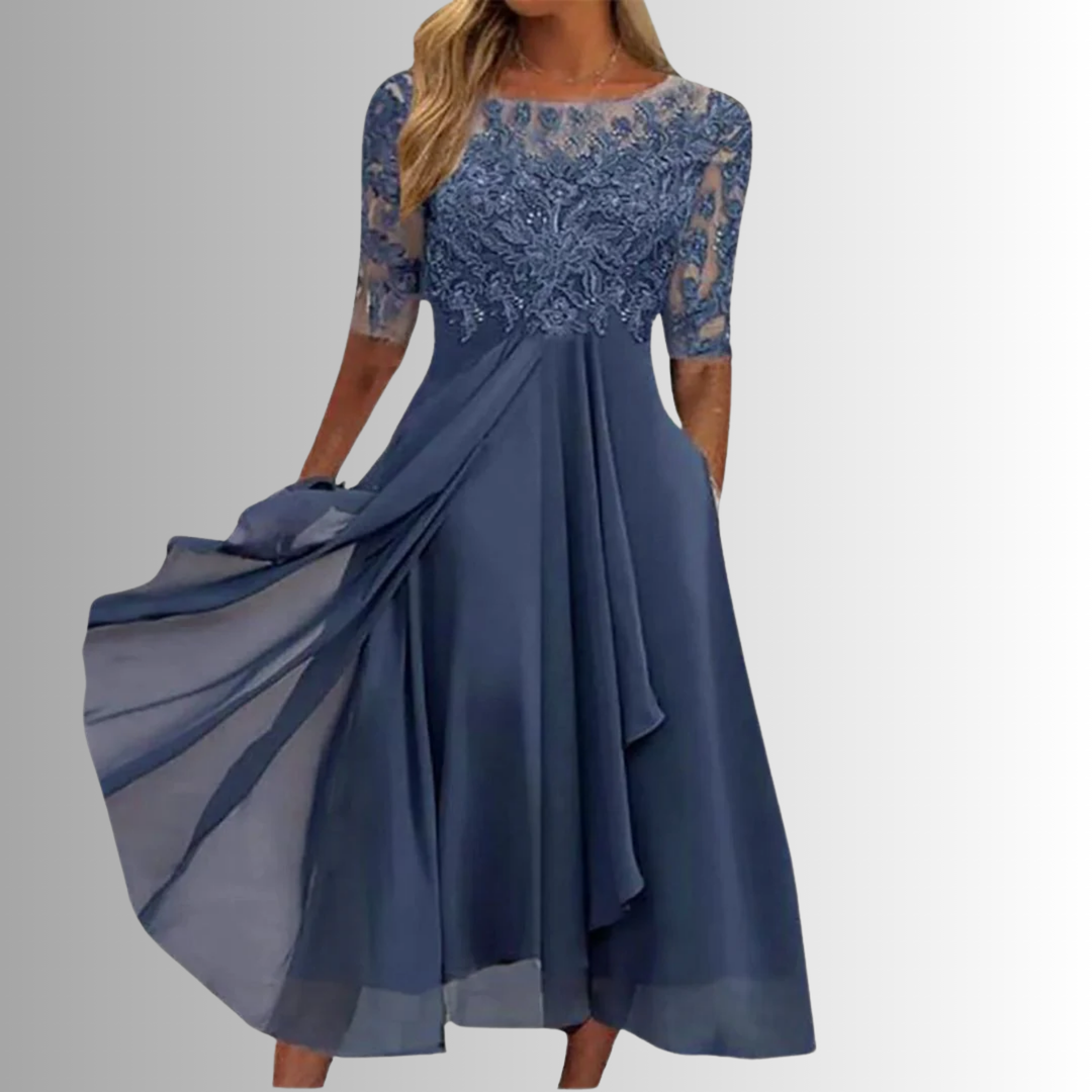 Blue lace bodice midi dress with 3/4 sleeves and flowing pleated skirt