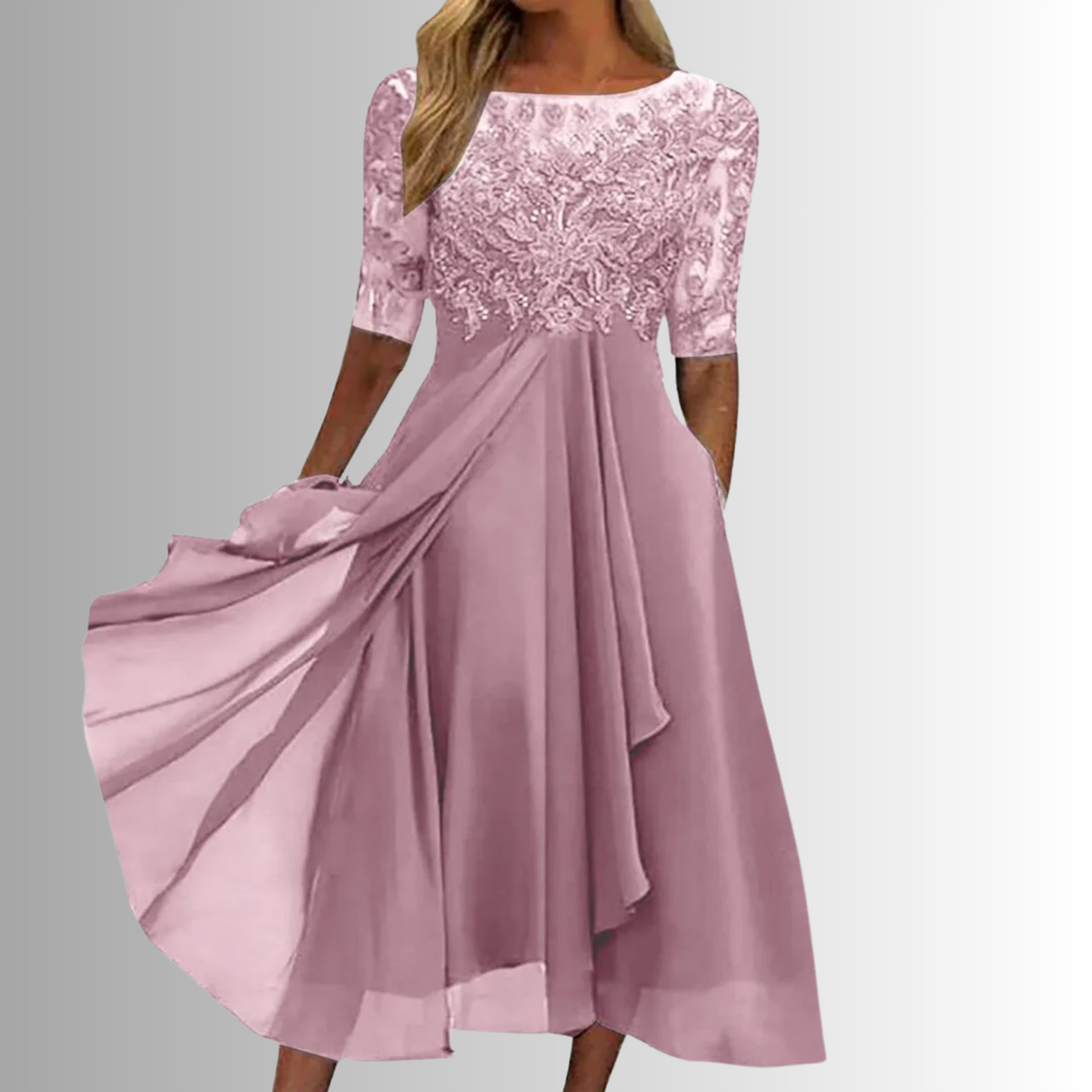 Pink lace bodice midi dress with 3/4 sleeves and draped pleated skirt