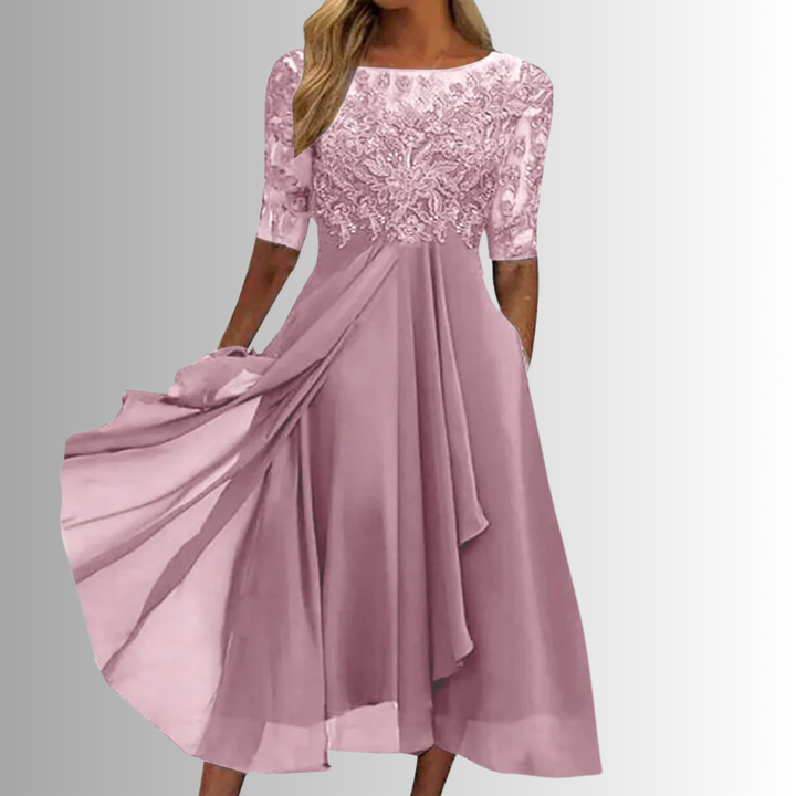 Pink lace bodice midi dress with 3/4 sleeves and draped pleated skirt