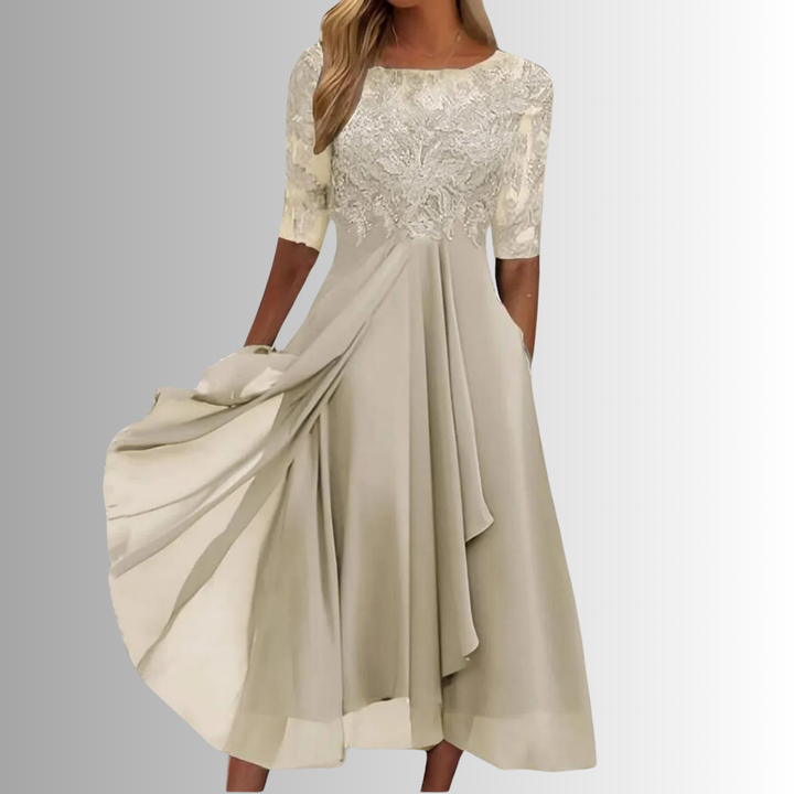 Cream lace bodice midi dress with 3/4 sleeves and pleated gathered skirt