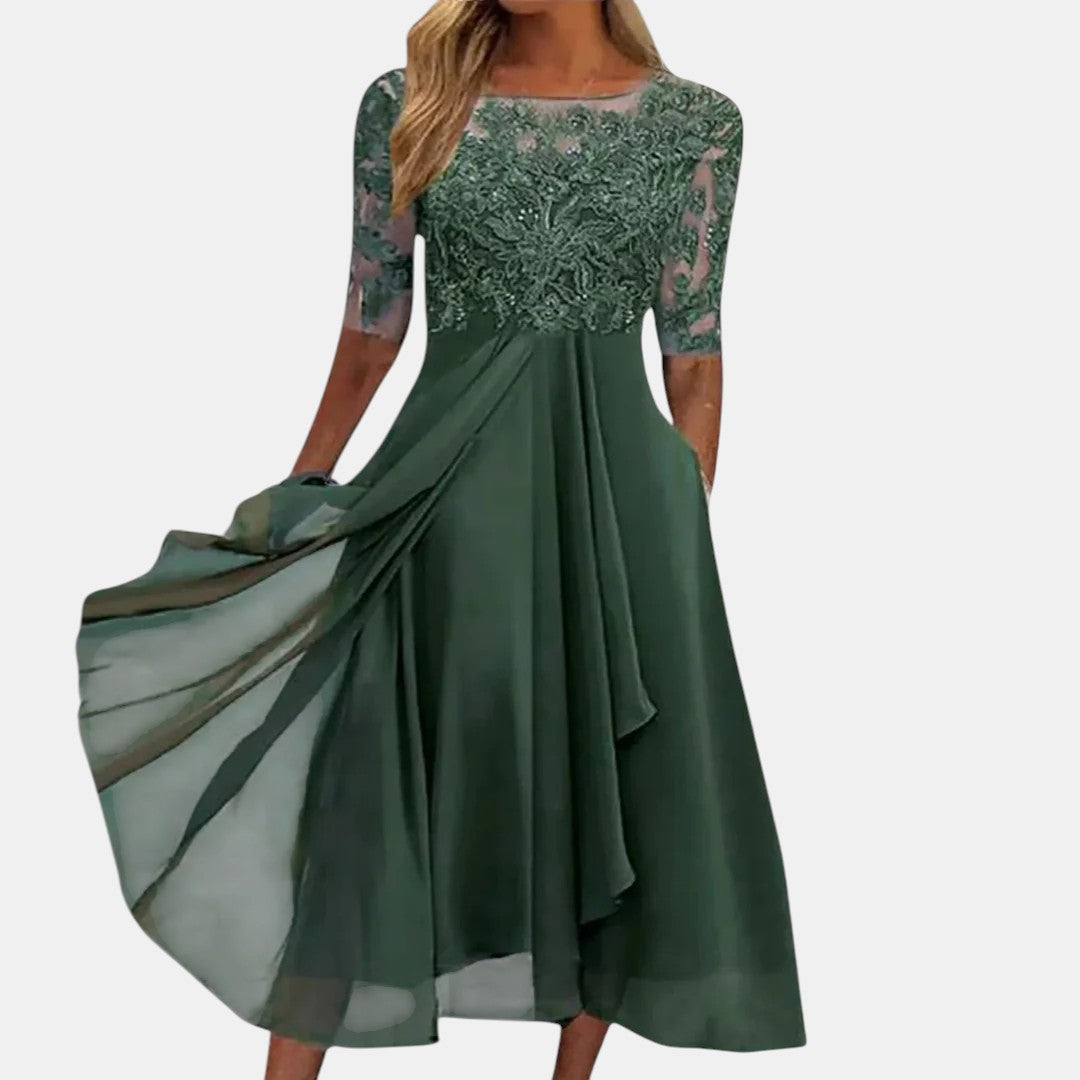 Green elegant dress with lace sleeves, fitted waist, and pleated flared midi skirt