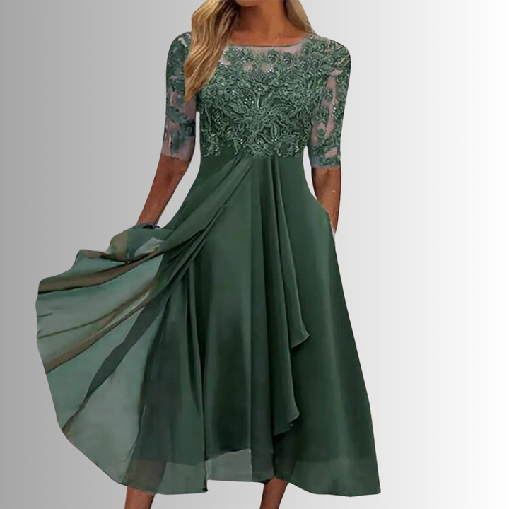 Green lace bodice midi dress with 3/4 sleeves and draped pleated skirt