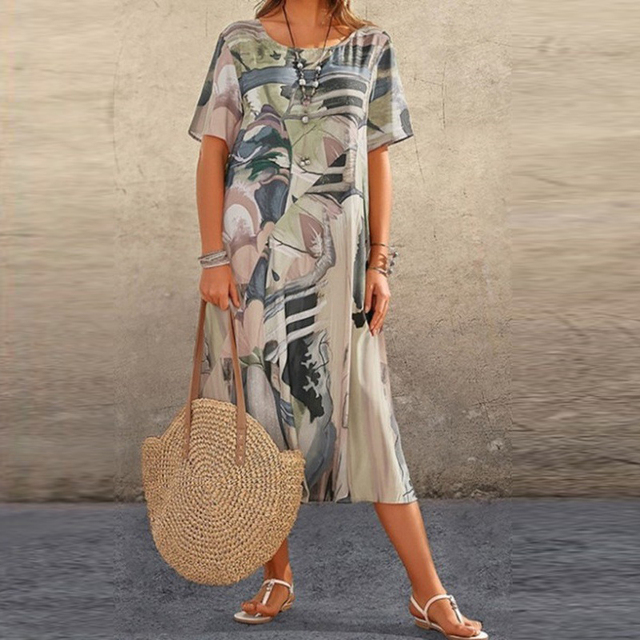 Light gray and green printed midi dress with short sleeves and scoop neckline