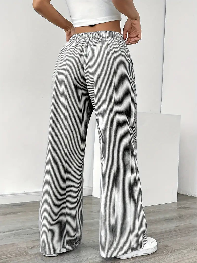 Relaxed wide-leg pinstripe pants with drawstring waist, gray/white vertical stripes