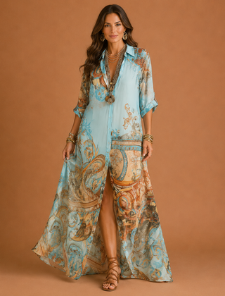 Maria™ blouse dress in light blue print, V-neck maxi with flowing sleeves and side slit