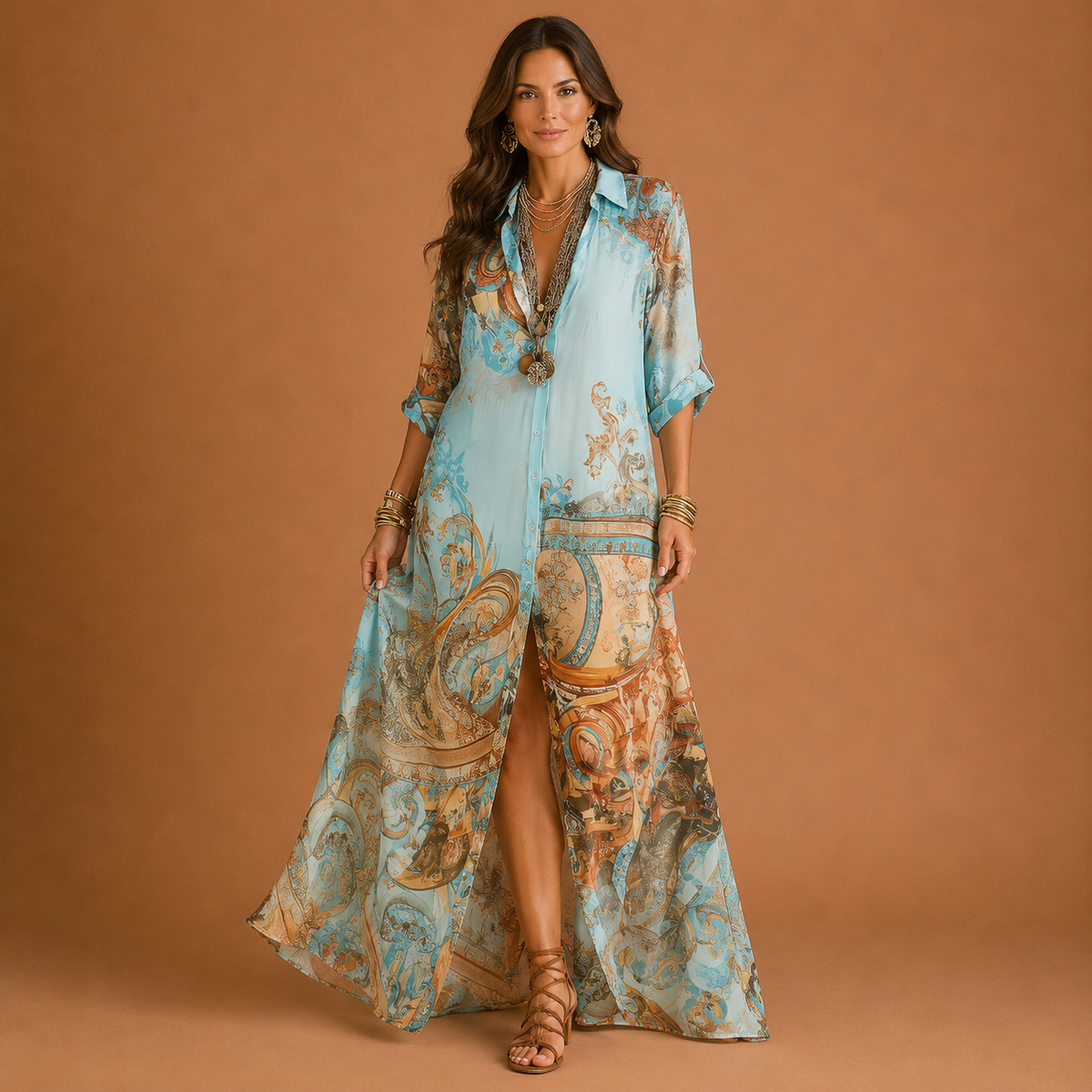 Maria™ blouse dress in light blue print, V-neck maxi with flowing sleeves and side slit