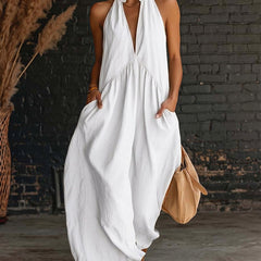 Sofie™ maxi dress in white: halter V-neck, gathered waist, flowing maxi skirt