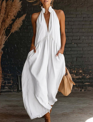 Sofie™ maxi dress in white: halter V-neck, gathered waist, flowing maxi skirt