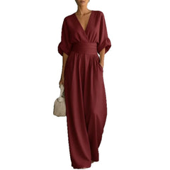 Women’s wide-leg jumpsuit in wine red with V-neck and balloon sleeves