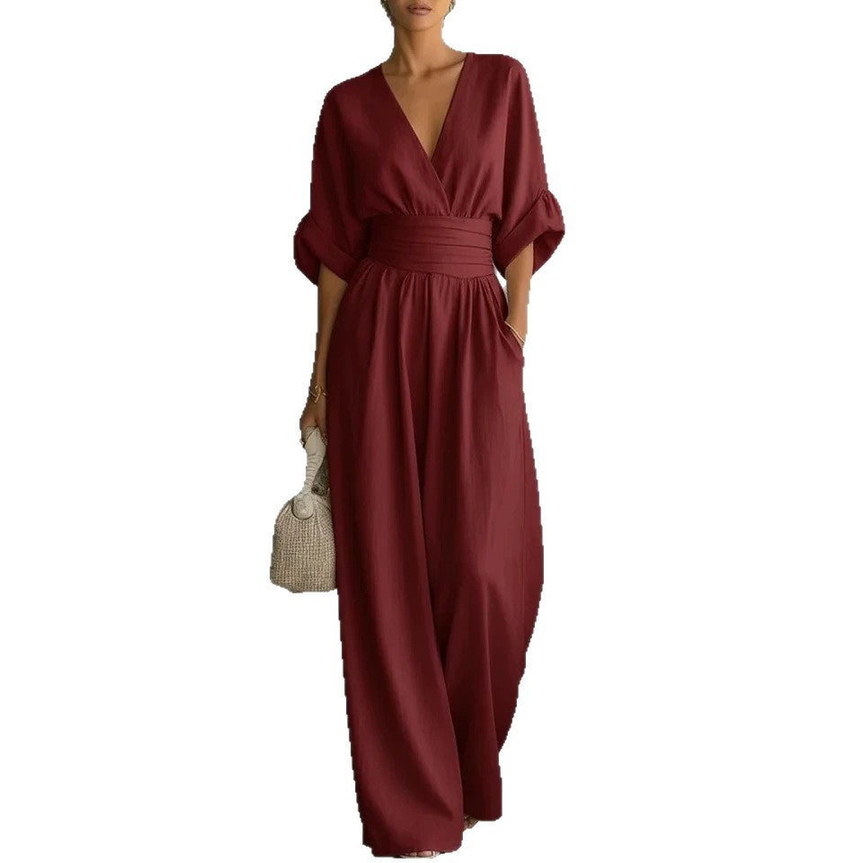Women’s wide-leg jumpsuit in wine red with V-neck and balloon sleeves