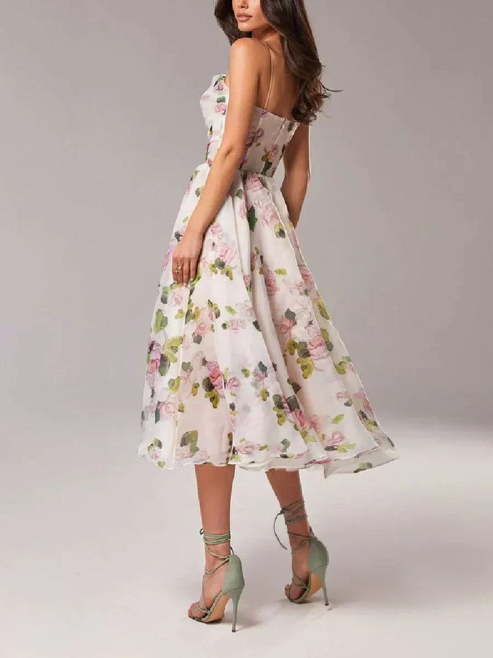 White floral print strapless midi dress with gathered waist and full skirt
