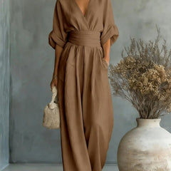 Women’s wide-leg jumpsuit in dark brown, V-neck, elastic waist, dolman sleeves