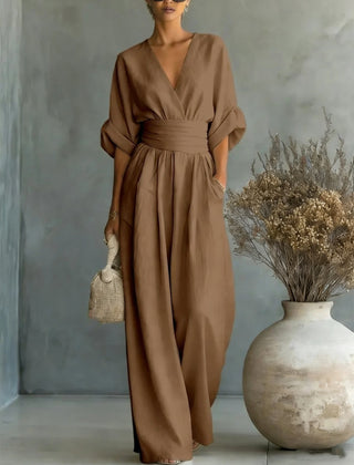 Women’s wide-leg jumpsuit in dark brown, V-neck, elastic waist, dolman sleeves