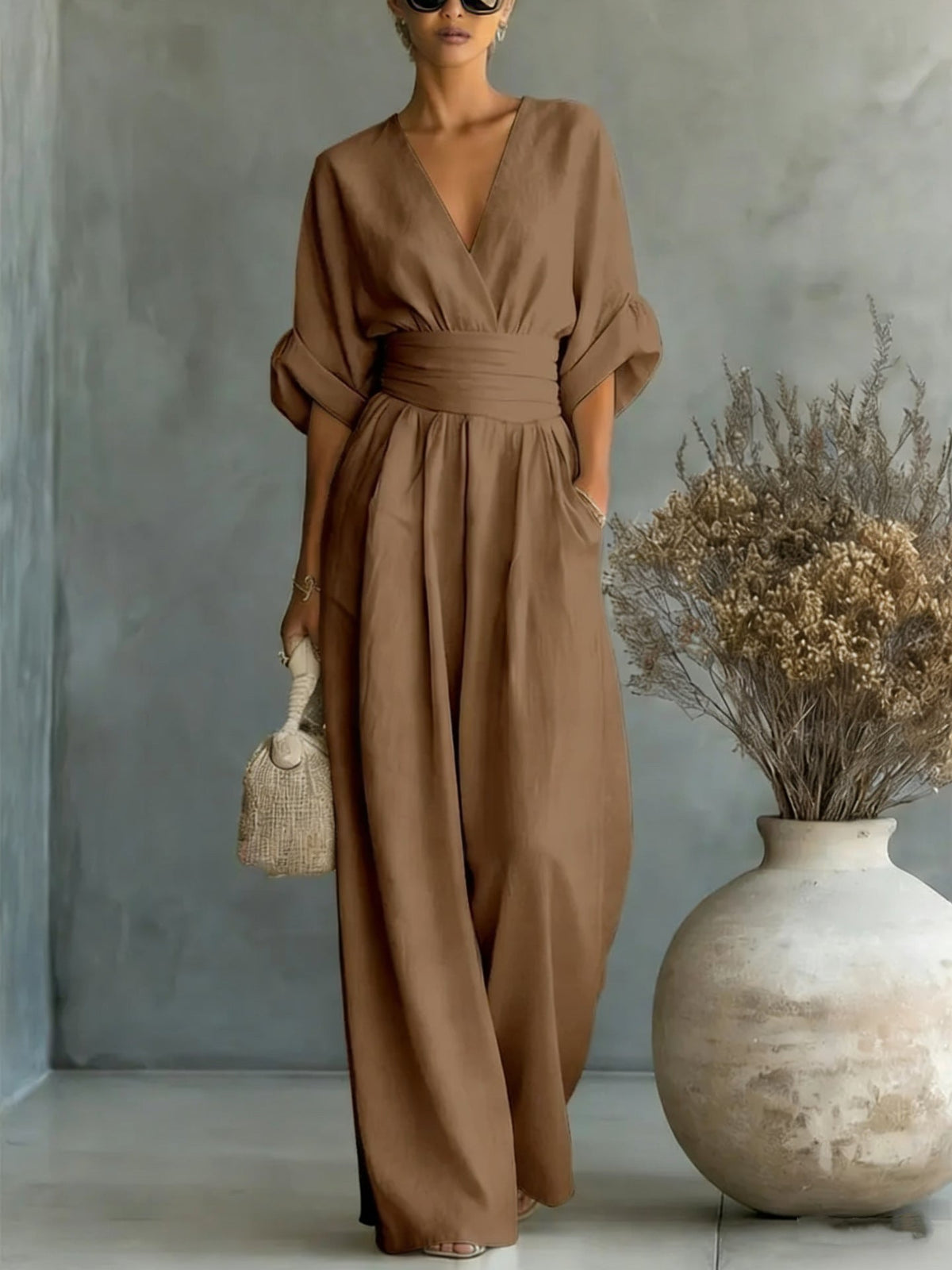 Women’s wide-leg jumpsuit in dark brown, V-neck, elastic waist, dolman sleeves