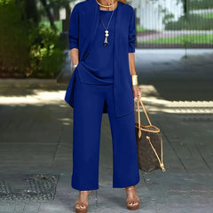 Blue 3-piece lounge set with long tunic, front pocket, and wide-leg pants