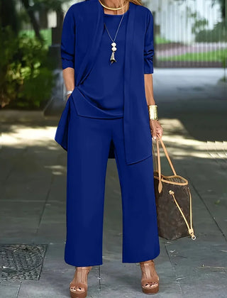 Blue 3-piece lounge set with long tunic, front pocket, and wide-leg pants