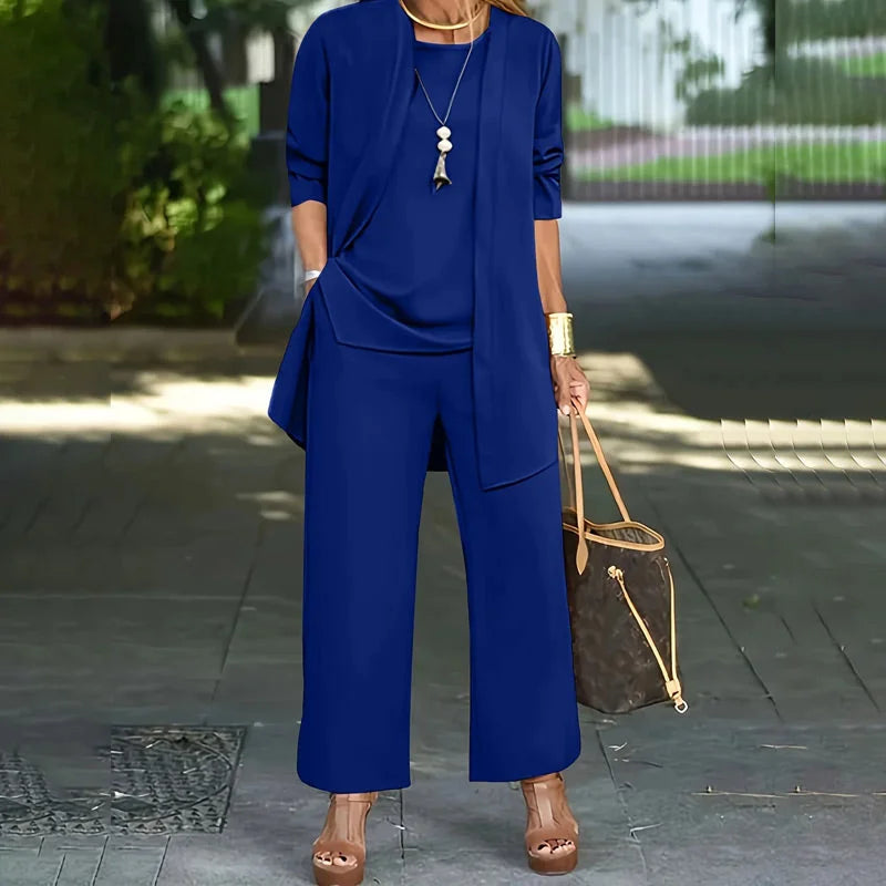 Blue 3-piece lounge set with long tunic, front pocket, and wide-leg pants