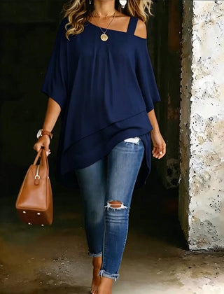 Navy asymmetric blouse with wide square neckline and draped hi-lo hem