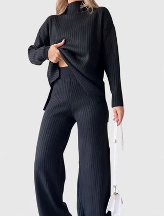Ribbed knit two-piece set with dark turtleneck top and wide-leg pants