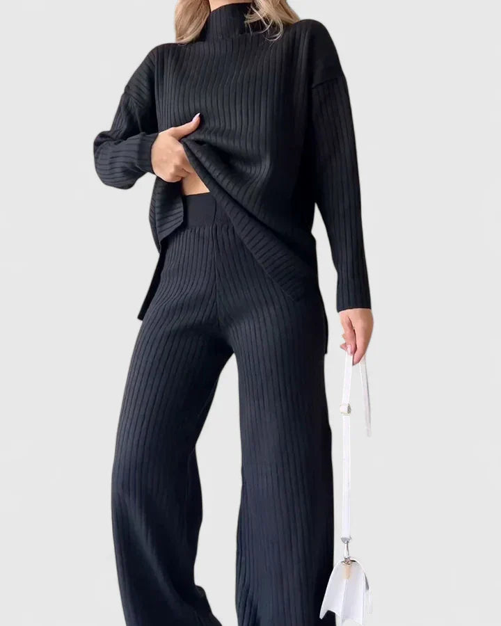 Ribbed knit two-piece set with dark turtleneck top and wide-leg pants