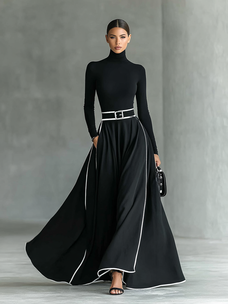 Black long-sleeve maxi dress with built-in belt, flared skirt, high neckline