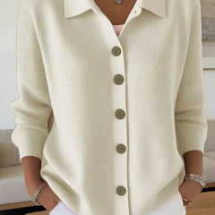 Ivory button-front knit cardigan with point collar and dark buttons, long sleeves
